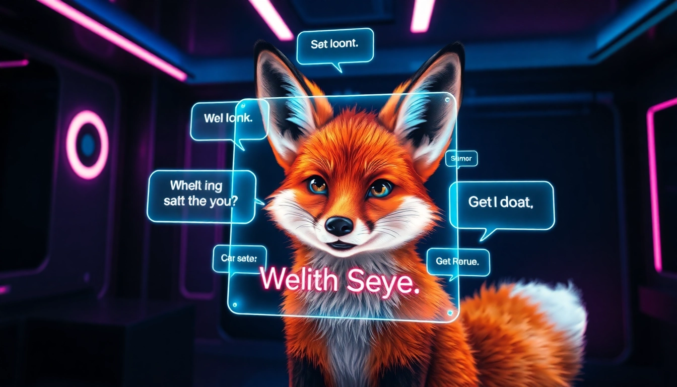 A digital scene of an AI adult chat with a fox character in a high-tech environment, glowing chat bubbles, and neon lighting.