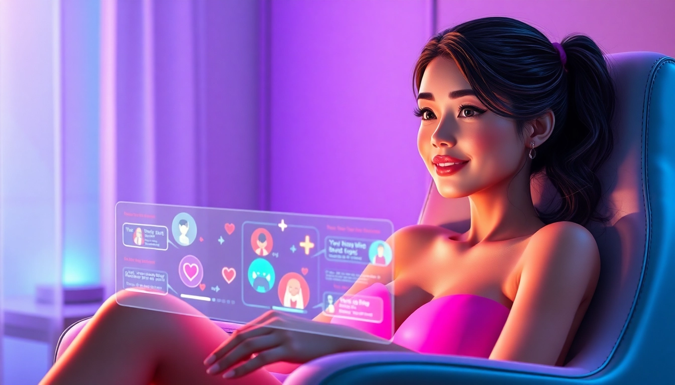 Digital art of a virtual AI girlfriend in a cozy room with neon accents and holographic visuals