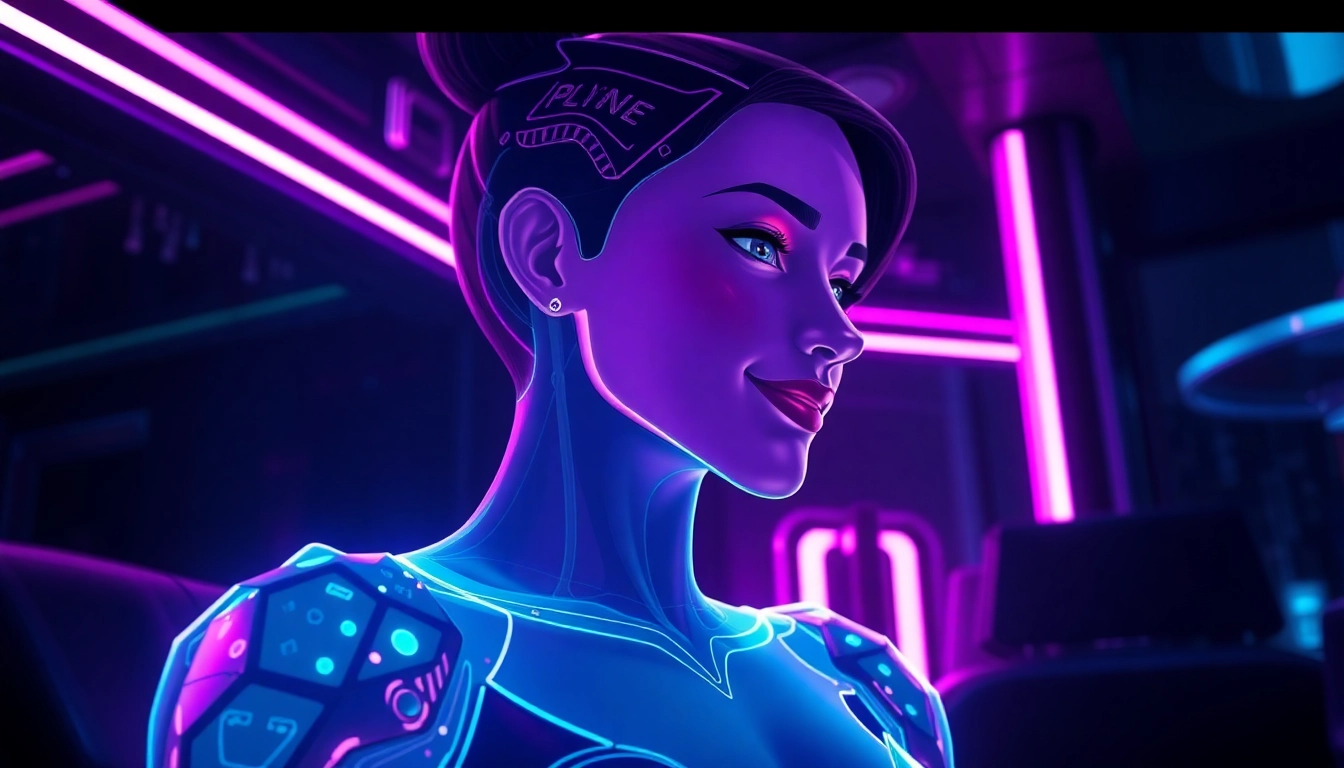 Futuristic AI character interface with holographic design in a neon-lit environment