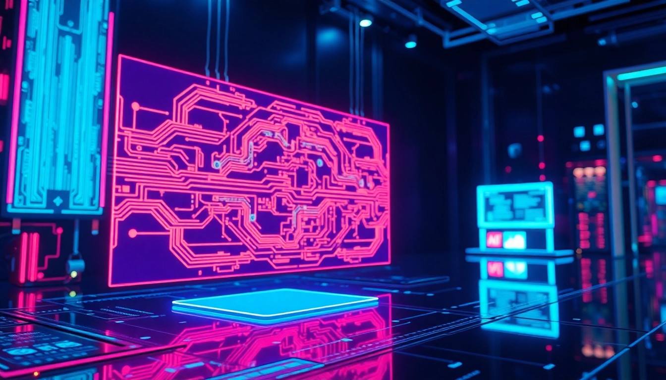 Futuristic AI interface with holographic displays in a dark, neon-lit room