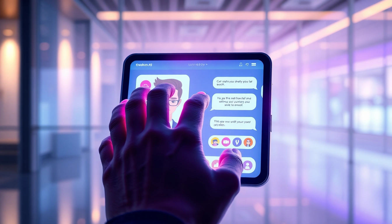 Close-up of a user interacting with a futuristic AI chatbot interface on a sleek screen, with vibrant neon colors and a modern environment.
