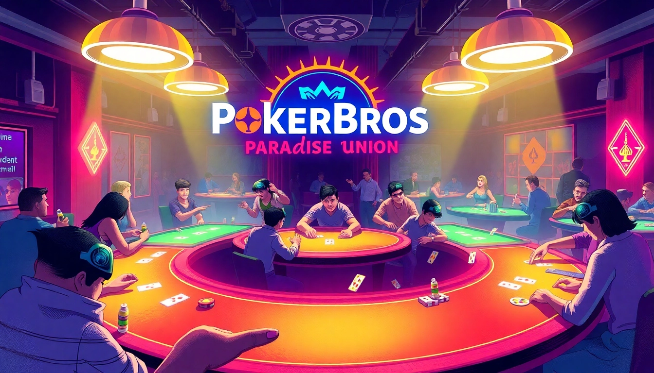 Pokerbros Paradise Union logo with active poker tables and enthusiastic players engaging online, highlighting the vibrant community aspect of the club for screen readers.