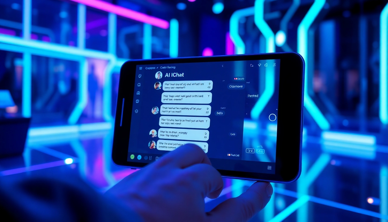 A person using a smartphone displaying an AI chat interface with vibrant neon lights in a modern tech environment.