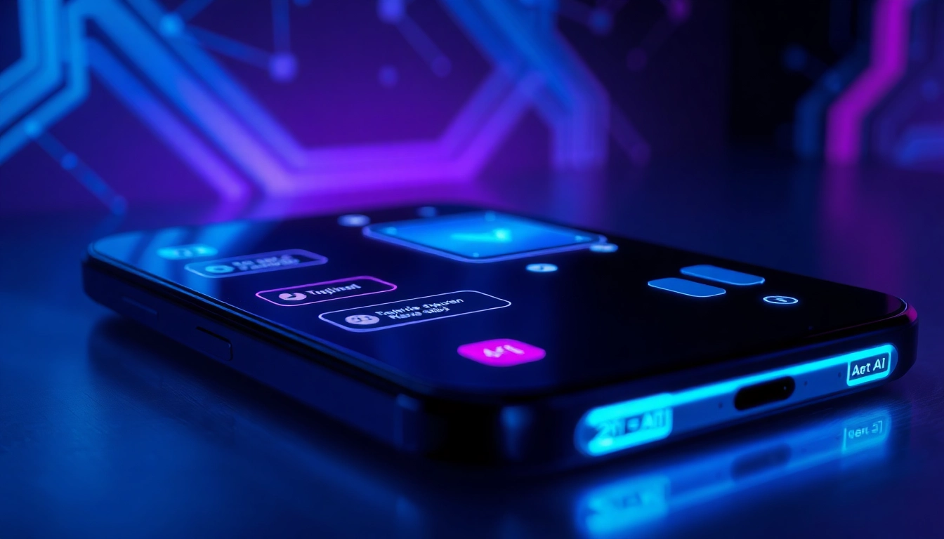 Close-up of a smartphone displaying a futuristic AI chatbot interface with neon accents.