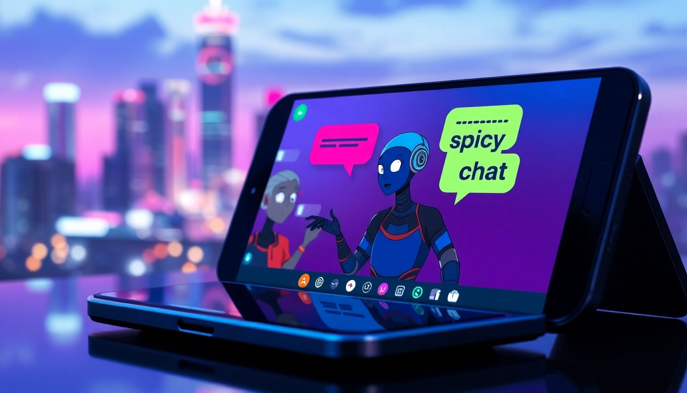 Futuristic chat interface on a device with neon city background, showing engaging AI characters in a spicy conversation.