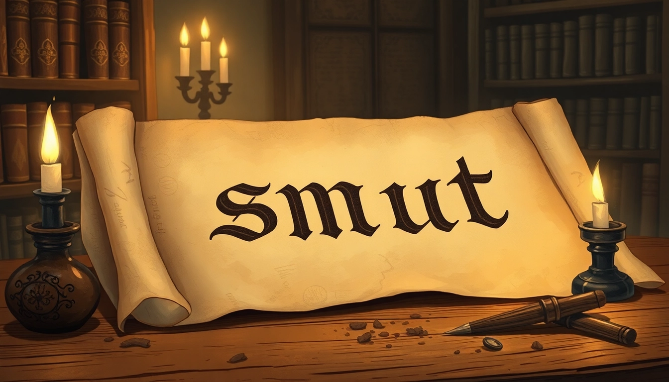An old manuscript with the word "smut" written in calligraphy, surrounded by parchment, quills, and ink bottles in a dimly lit study.